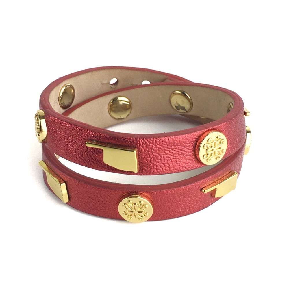 Double Wrap Bracelet Rustic Cuff Meagen Oklahoma Red Leather Gold Logo *Read